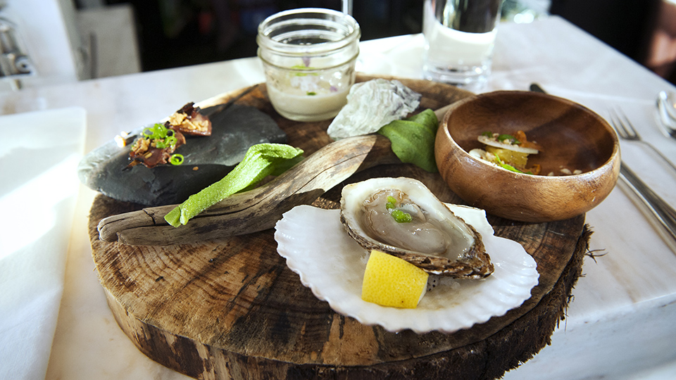 Un plat gastronomique présentant la cuisine locale de Terre-Neuve, avec une huître fraîche et des bouchées créatives servies sur du bois et des pierres.