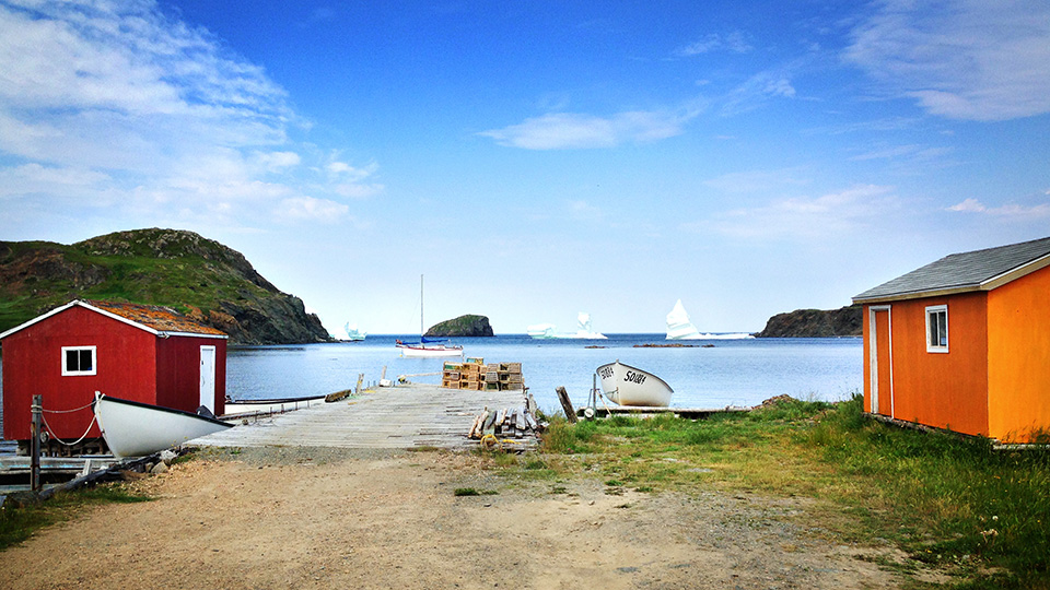 Des icebergs flottant dans la baie de Twillingate, avec des cabanes de pêche colorées au premier plan, une scène typique de Terre-Neuve.