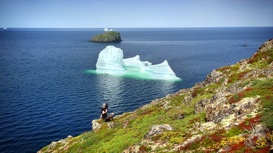 Une personne assise au bord d'une falaise regarde un imposant iceberg dériver le long de la côte de Terre-Neuve, près de Twillingate.