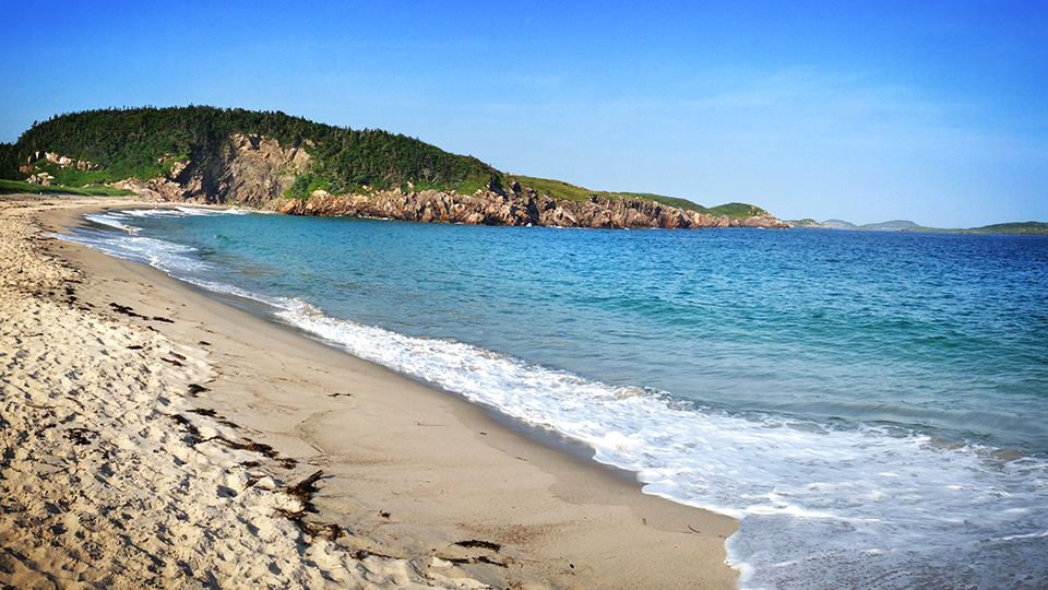 Une plage de sable doré et des eaux turquoise à Sandy Cove, contrastant avec les paysages rocheux typiques de Terre-Neuve.